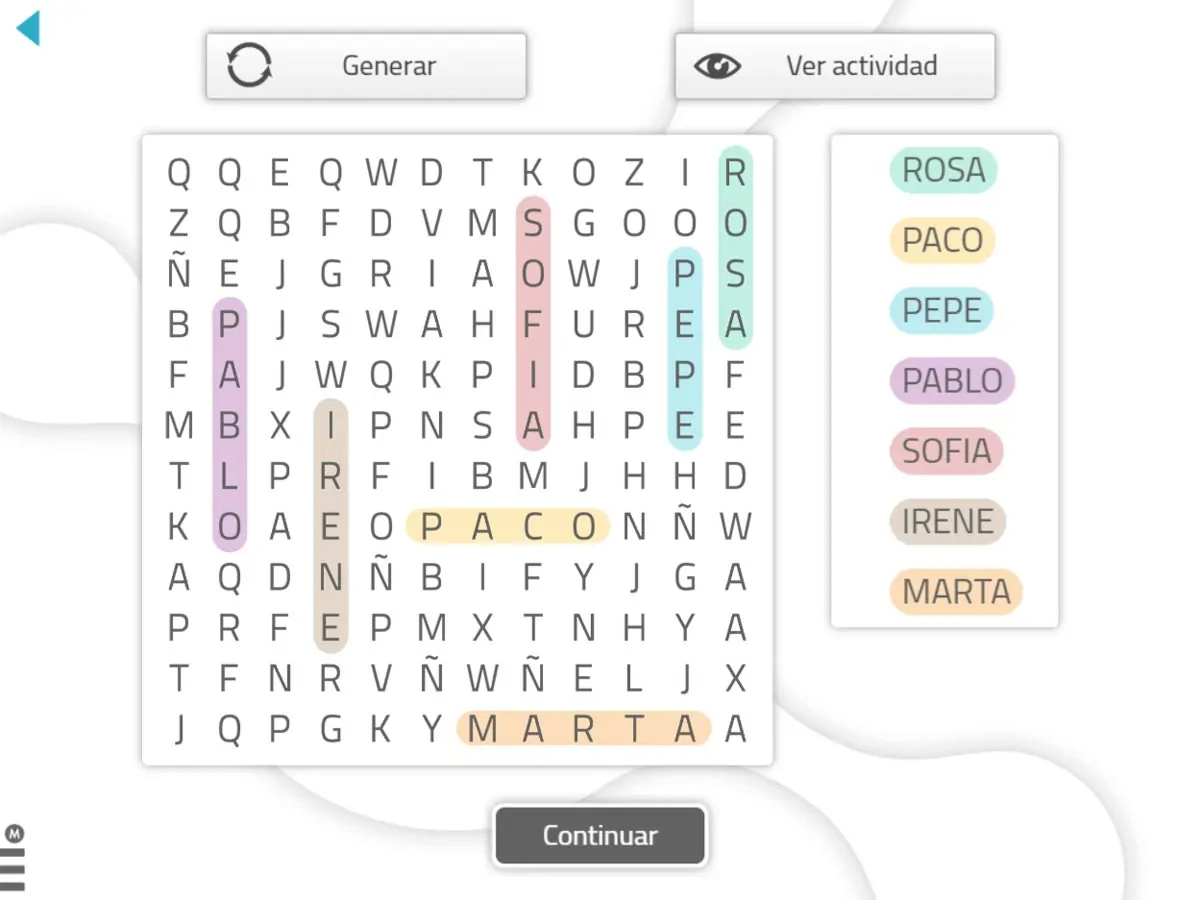 Jeu de mots mêlés dans NeuronUP avec les noms Rosa, Paco, Pepe, Pablo, Sofía, Irene et Marta, et des options pour générer ou poursuivre.