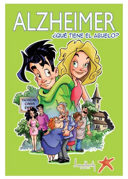 Couverture de bande dessinée pour enfants : ALZHEIMER : Que se passe‑t‑il avec le grand‑père ?, avec un garçon et une fille au premier plan et un groupe en arrière‑plan.