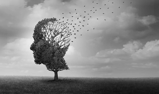 Paysage en noir et blanc avec un arbre dont la cime forme une tête humaine, des branches élancées et des feuilles se détachant sous un ciel nuageux.