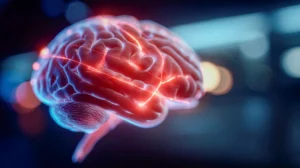 Illustration tridimensionnelle du cerveau humain avec un éclairage bleu et rouge, style futuriste et fond flou.