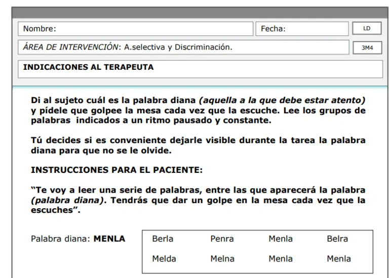 Document guide pour l'intervention en dyslexie pour thérapeute et patient, avec le mot cible MENLA, liste de mots.