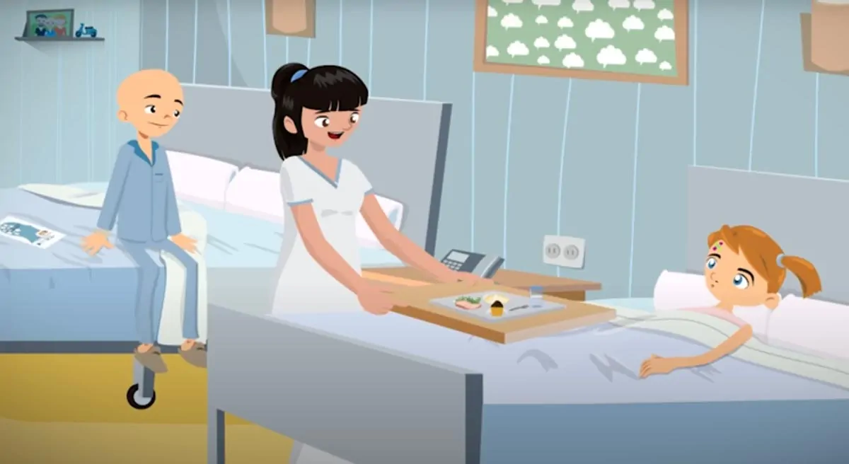 Illustration animée de Popi et Pepa dans un hôpital pédiatrique, avec deux lits, une infirmière et des décorations colorées.