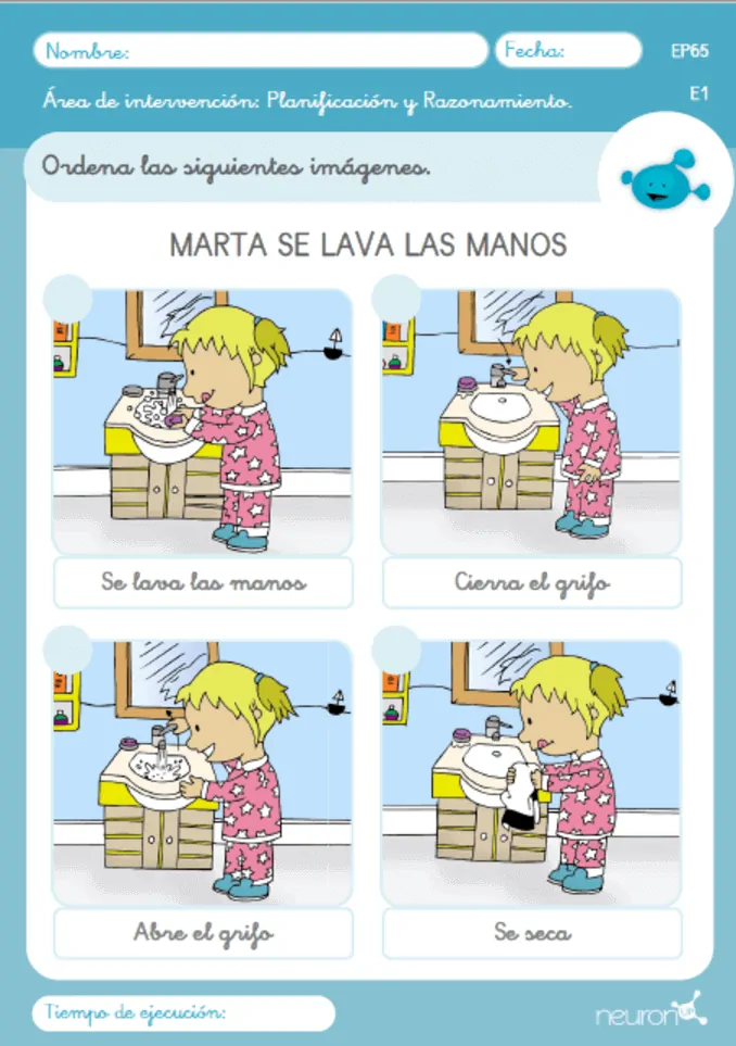 Série de quatre illustrations de Marta pour l'hygiène des mains : lavabo, se laver, fermer le robinet et séchage, tons doux