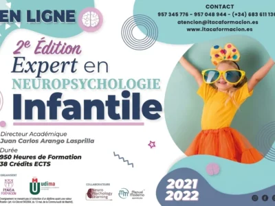 Bannière colorée de neuropsychologie infantile pour le cours en ligne d'ITACA Formación, avec le directeur académique et les crédits.