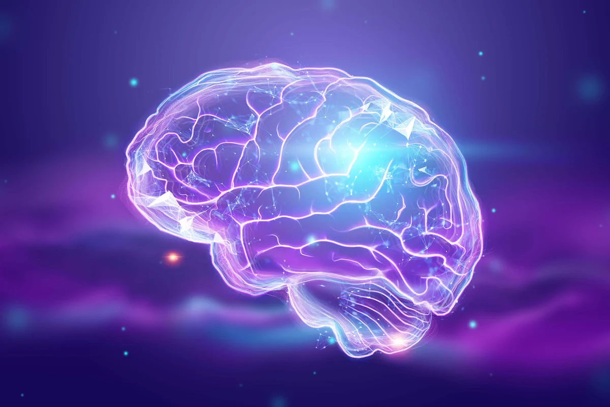 Illustration stylisée d’un cerveau humain illuminé en bleu et violet, avec des connexions neuronales brillantes.