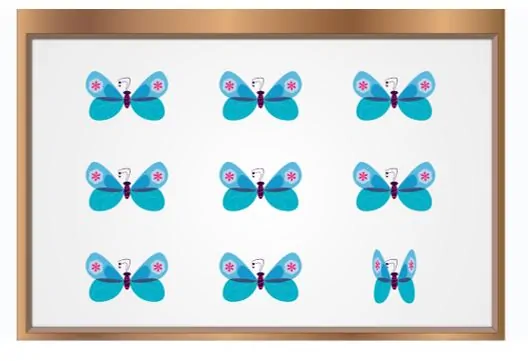 Grille de neuf papillons bleus avec des détails rosés, cadre doré et fond blanc; ressource visuelle sur NeuronUP.