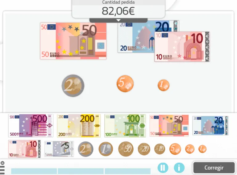 Pantalla de NeuronUP con ejercicio de pagos exactos: billetes, monedas y área para seleccionar la combinación de dinero.