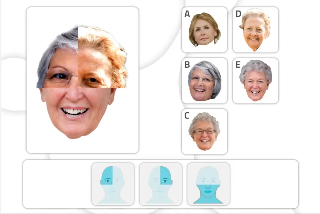 Tête d'une femme âgée divisée en quatre parties ; cinq visages étiquetés A–E et trois silhouettes pour la reconnaissance des parties du visage.