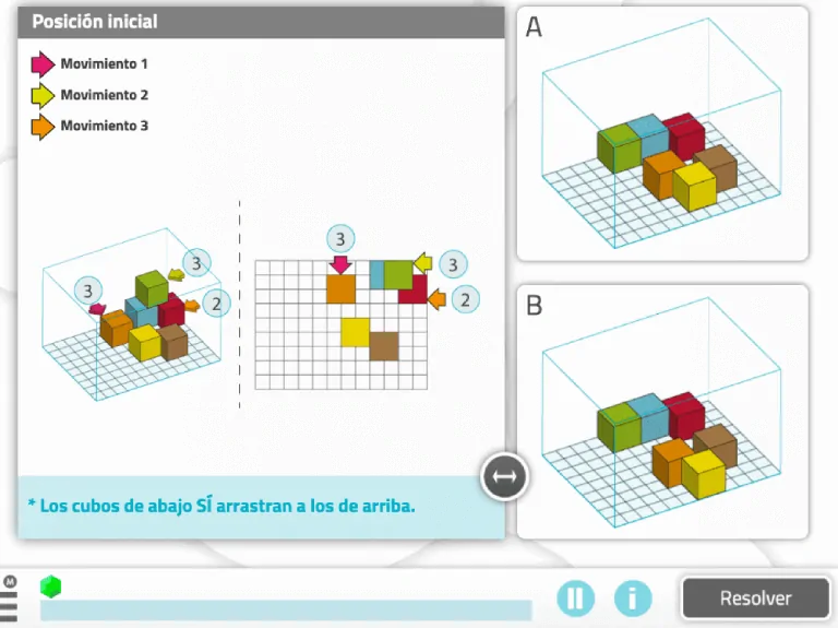 10 exercices de stimulation cognitive pour les personnes atteintes de la maladie de Parkinson Représentation de cubes multicolores sur une grille ; à gauche position initiale et mouvements, à droite vues A et B.