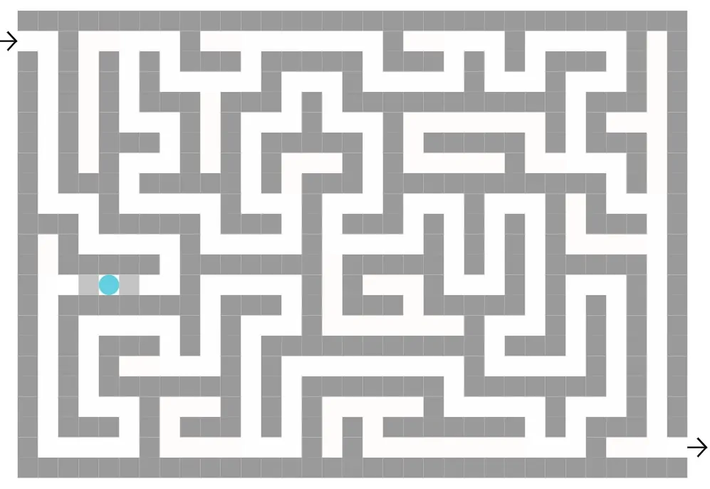 Labyrinthe gris avec des parois sombres, départ en bleu et sortie à droite, avec des symboles didactiques représentant des praxies.