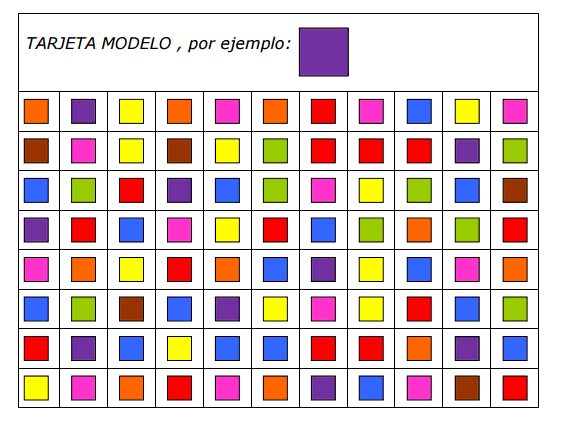 Grille de couleurs avec de multiples cases et une carte violette en haut, destinée aux exercices de gnosies.