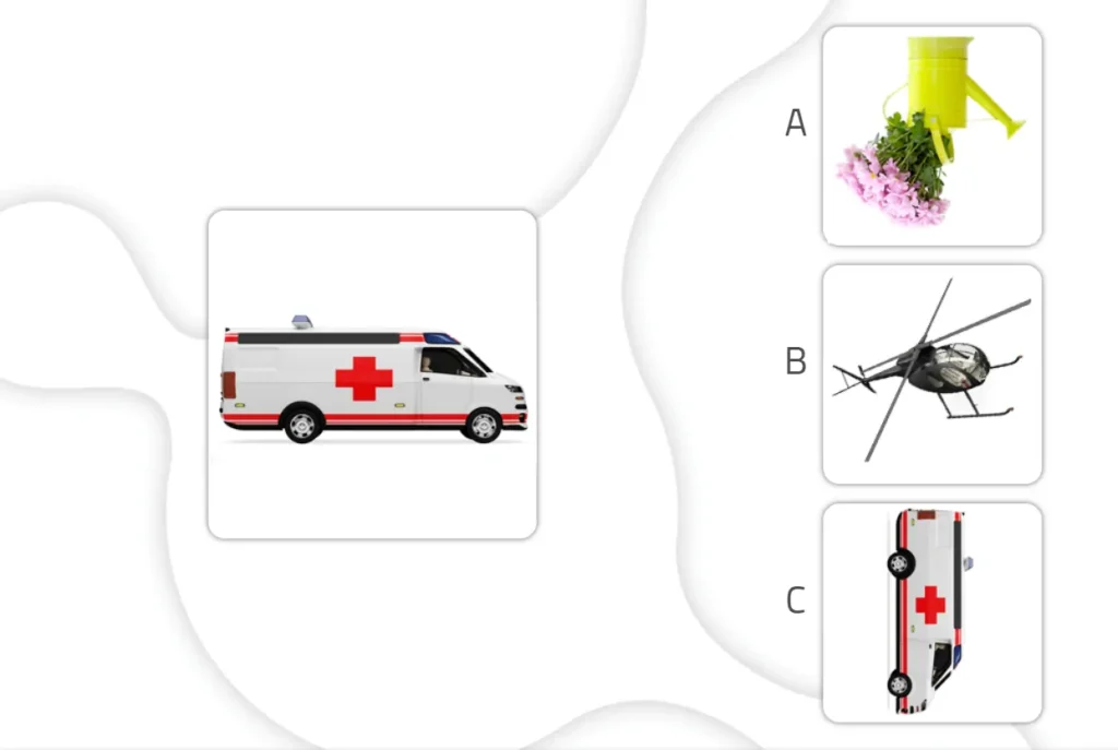 Ambulance d'urgence avec trois options à droite : récipient jaune avec des fleurs, hélicoptère et une autre ambulance.