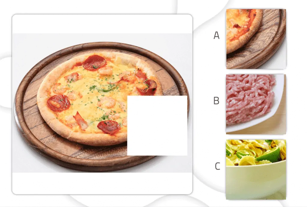 Pizza sur planche en bois avec bord doré et pepperoni ; à droite, trois options A, B et C.