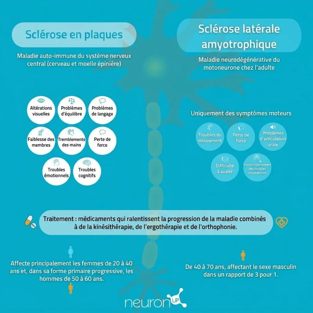 Infografía comparativa de esclerosis múltiple y ELA con gráficos de tratamiento, rehabilitación y la Ley ELA 2024.