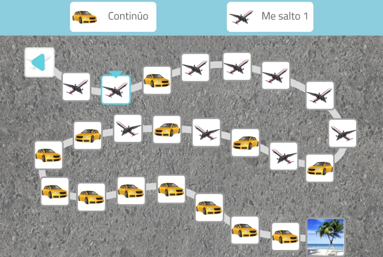 Chemin d'icônes dans un jeu de sauts avec règles: avions et voitures jaunes, Continuó et Me saltó 1, plage à la fin.