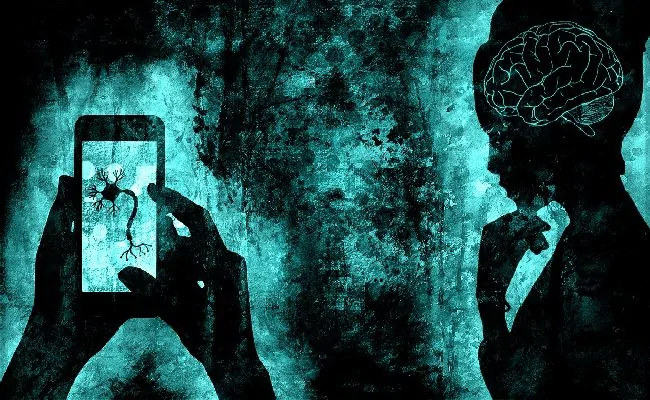 Illustration avec un fond bleu-verdâtre : une personne à gauche tient un mobile qui montre un système nerveux ; à droite, une silhouette avec un cerveau.