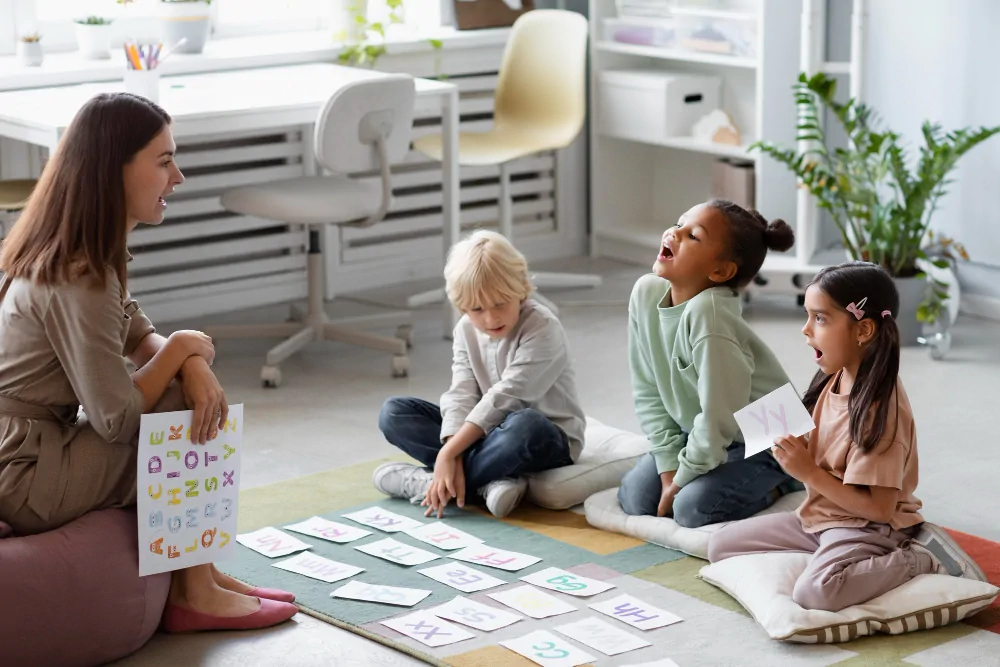 Femme avec enfants faisant des activités de neurodéveloppement infantile