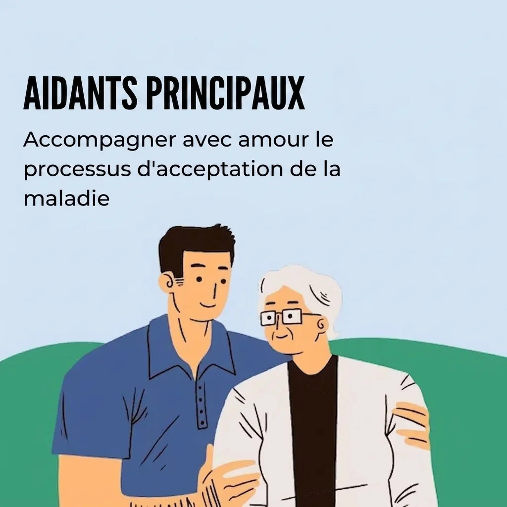 Illustration avec deux aidants accompagnant une personne âgée dans un environnement de soins, associé à la maladie d'Alzheimer.
