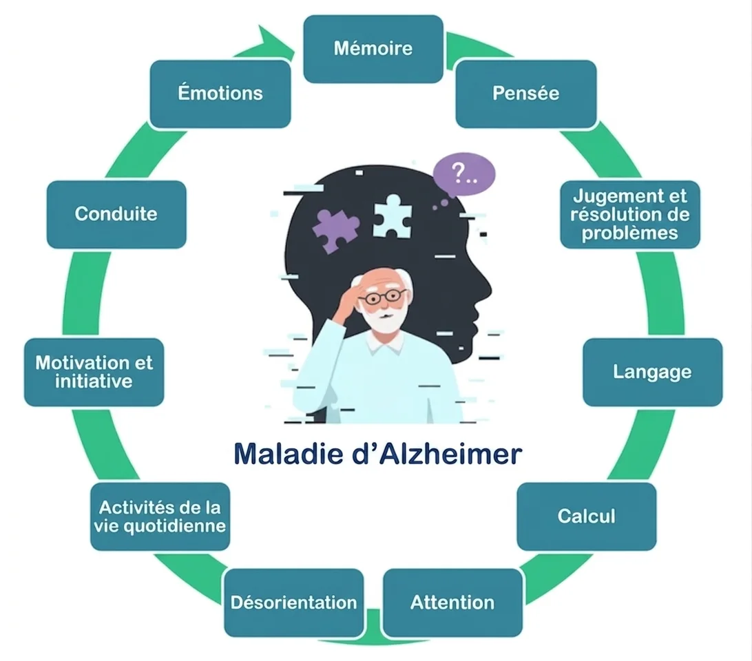 Schéma éducatif de la maladie d'Alzheimer avec au centre Maladie d'Alzheimer et blocs pour Mémoire, Émotions, Pensée et Attention.