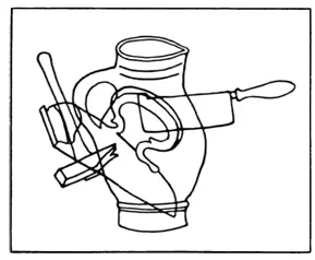 Dessin linéaire en noir et blanc d'une jarre traversée par des outils, composition minimaliste.