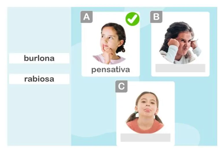 Trois cartes montrent des expressions faciales : une fille pensive avec une coche verte, une personne âgée en colère et une fille tirant la langue.