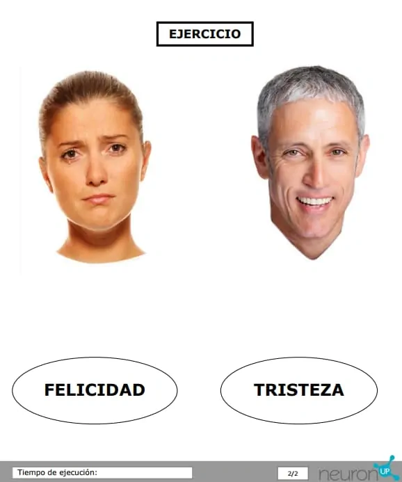 Cartes avec deux visages, triste et heureux, et des mots pour pratiquer l'association émotion-langage en cognition sociale.