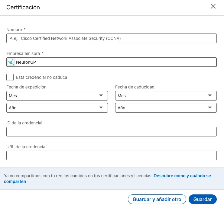Capture LinkedIn montrant l'étape 2 pour ajouter le certificat NeuronUP au profil, avec champs d'éducation et icônes.