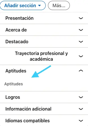 Interface LinkedIn montrant le menu de profil avec la section Compétences et la flèche vers Ajouter une nouvelle compétence.