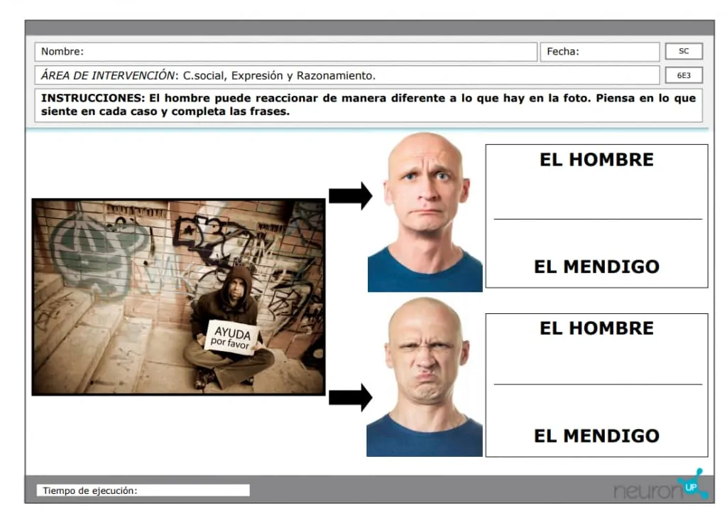 Activité de cognition sociale de NeuronUP : exercice visuel pour identifier les états internes et les émotions, avec deux personnages.