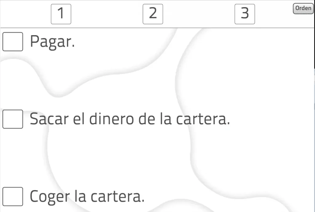 exercices mémoire adultes à imprimer Ficha de estimulación cognitiva para adultos con lista de tres pasos y casillas de verificación: botón Orden, como Pagar, Sacar dinero, Coger la cartera.