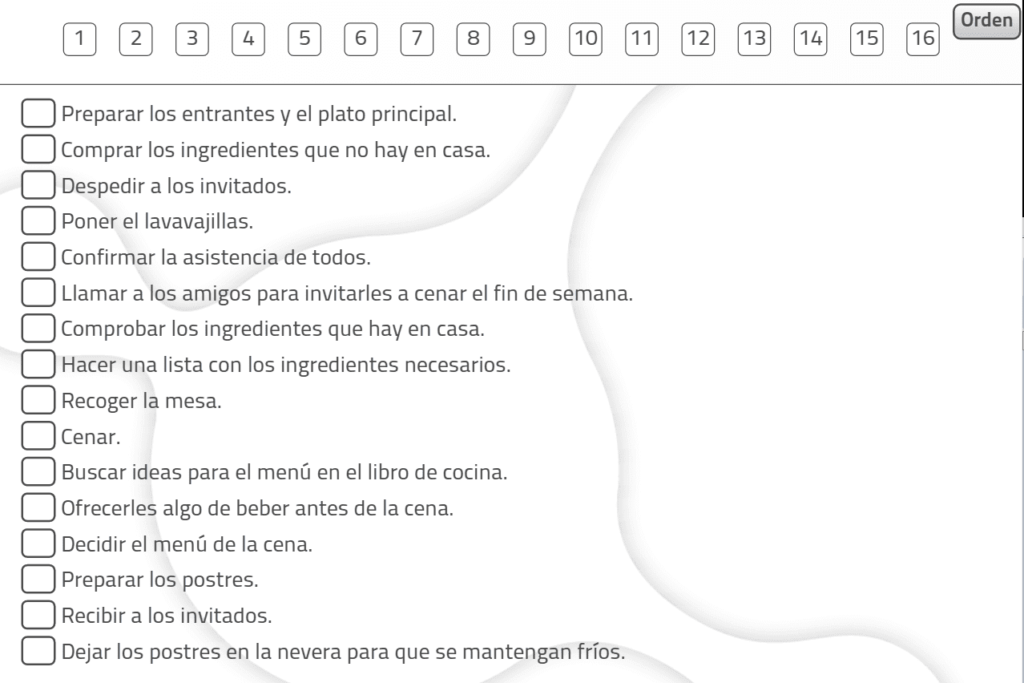 Lista de tareas para planificar una cena, con pasos como preparar entrantes, plato principal y comprar ingredientes, con otros pasos.