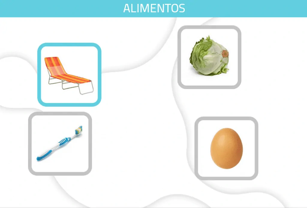 Quatre sections avec le titre ALIMENTS : on voit une chaise de plage orange et blanche, une laitue, une brosse à dents et un œuf.