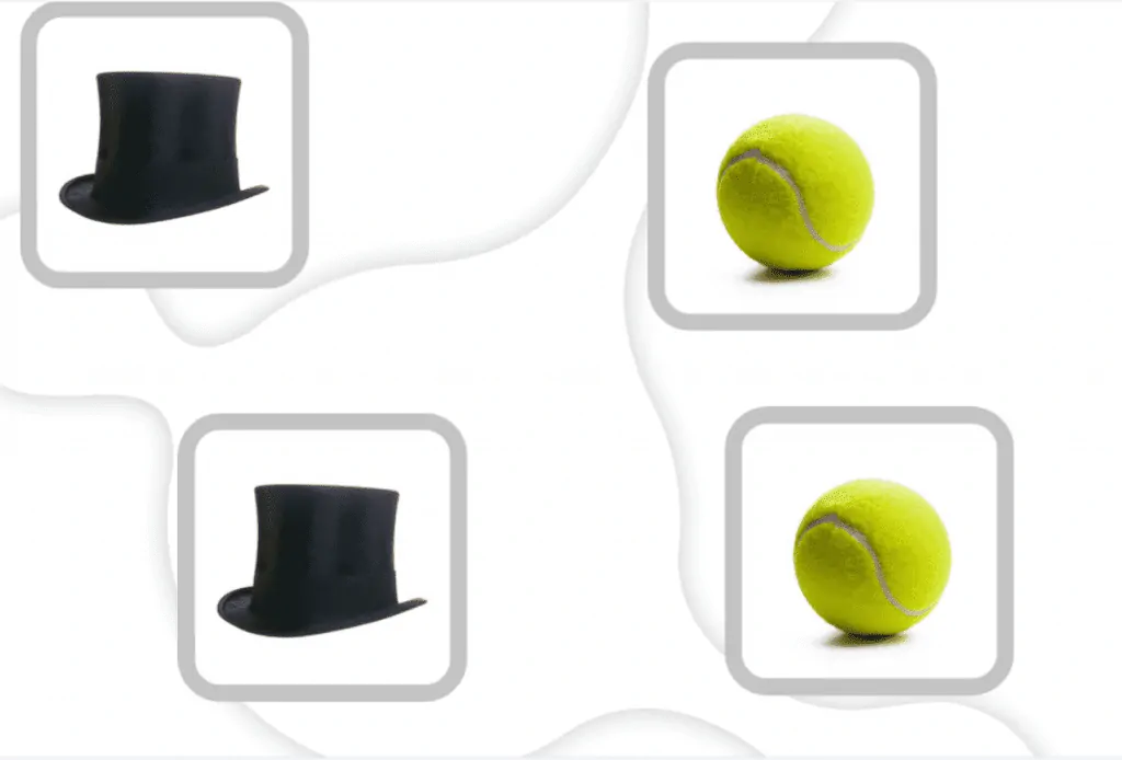 Exercice d'associer des figures par paires sur NeuronUP : deux chapeaux noirs en haut et deux balles de tennis jaunes en bas.