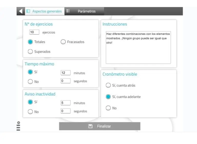 Interface de configuration pour la flexibilité cognitive : exercices, échecs, maximum, avertissement d'inactivité et chronomètre.