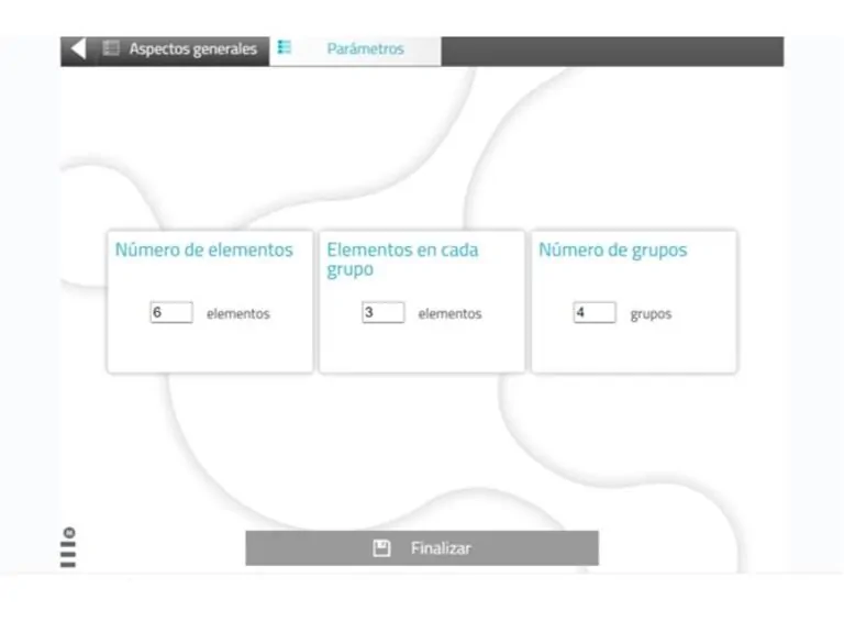 Interface de configuration des paramètres pour exercice de flexibilité cognitive : 6 éléments, 4 groupes, 3 par groupe, terminer.
