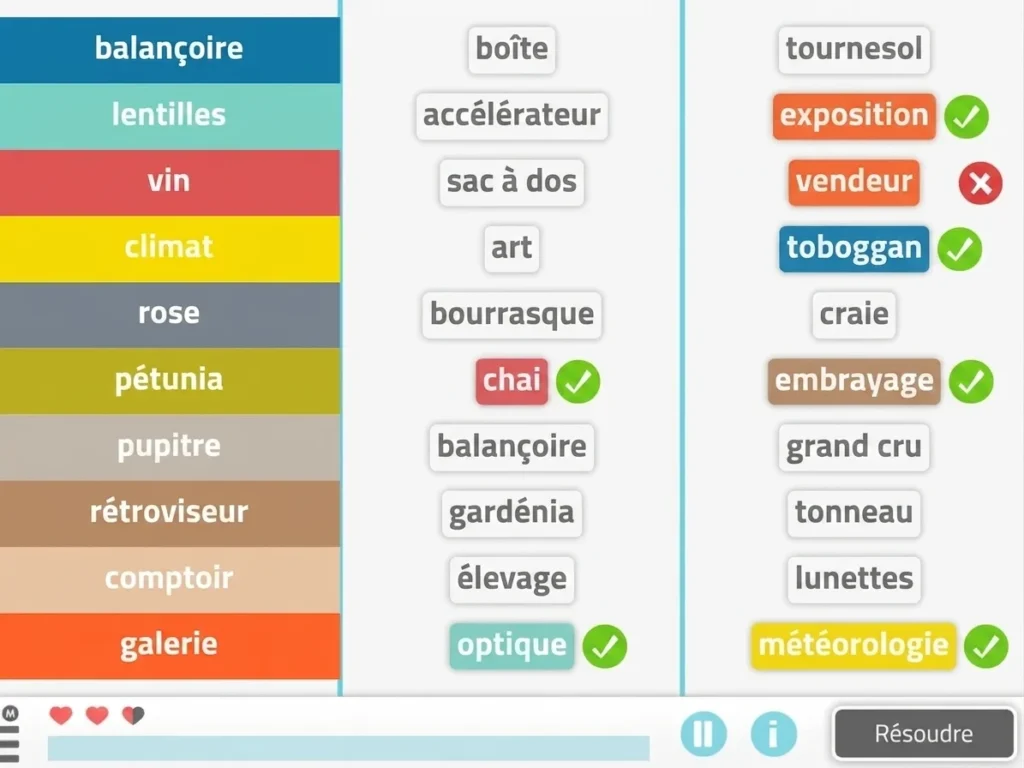 Ensemble de cartes de mots en deux colonnes avec cases cochées et croix, pour stimuler la cognition chez les personnes âgées.