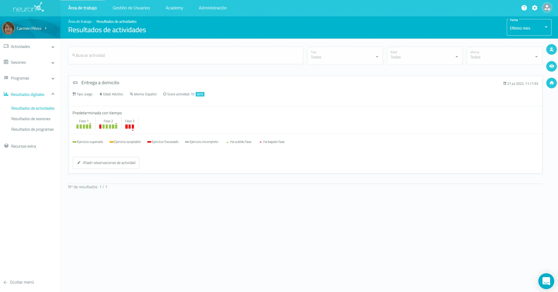 Interface des résultats de NeuronUP avec filtrage par utilisateur, liste d'utilisateurs et graphique de performance