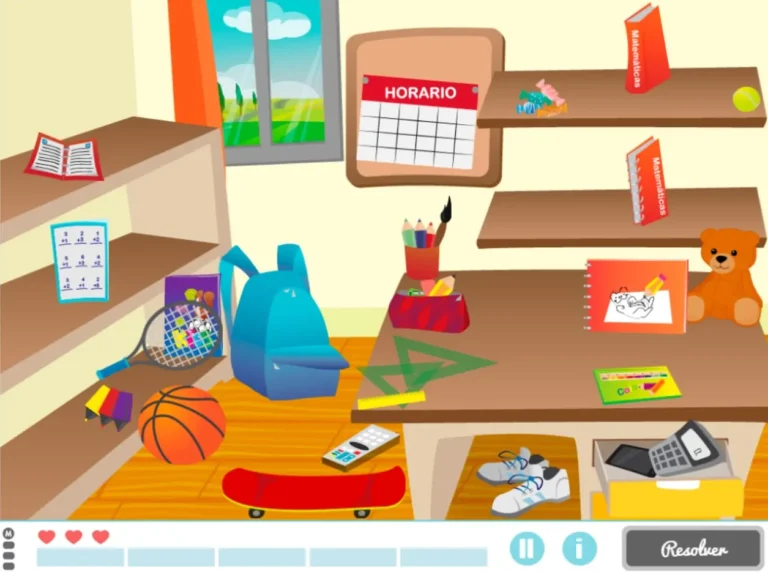 Salle de classe colorée avec un sac à dos bleu, des cahiers et du matériel scolaire ; étagères, tableau avec calendrier, un ballon, un skateboard et un ours en peluche sur les étagères.