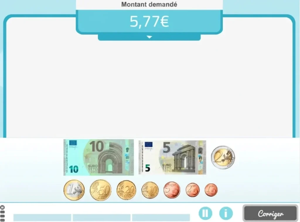 Interface de transaction monétaire en classe : affiche le montant demandé, billets et pièces en euros et un bouton Obtenir.