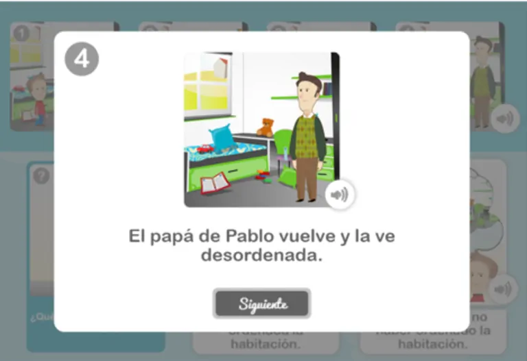 Cadre interactif dans une application éducative : Pablo et son papa discutent pour ranger ou ne pas ranger la chambre, avec des bulles de pensée.