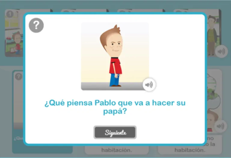 Illustration animée de cognition sociale avec Pablo et la question « Que pense son papa qu'il va faire ? »