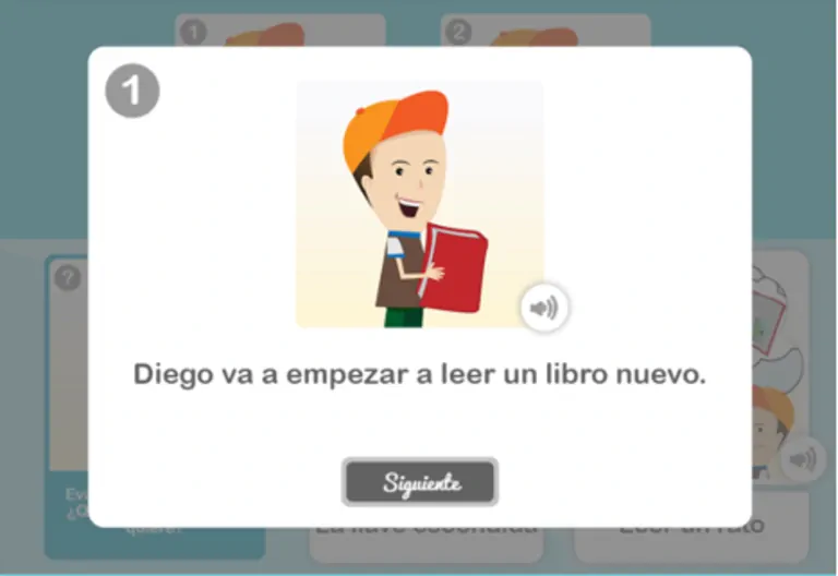 Illustration éducative : un garçon portant une casquette orange tient un livre et sourit ; le texte en dessous indique que Diego va commencer à lire et il y a un bouton Suivant.