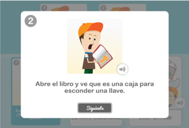 Interface éducative : un garçon tient un livre ouvert, message sur l'ouverture pour trouver une boîte avec une clé, bouton Suivant.