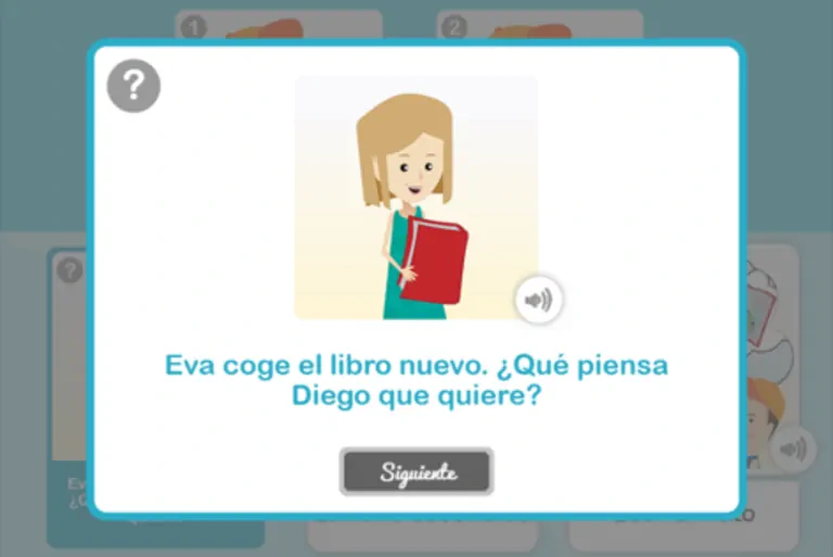 Interface éducative : femme avec un livre rouge, point d'interrogation et question sur ce que Diego croit qu'Eva veut ; bouton Suivant.