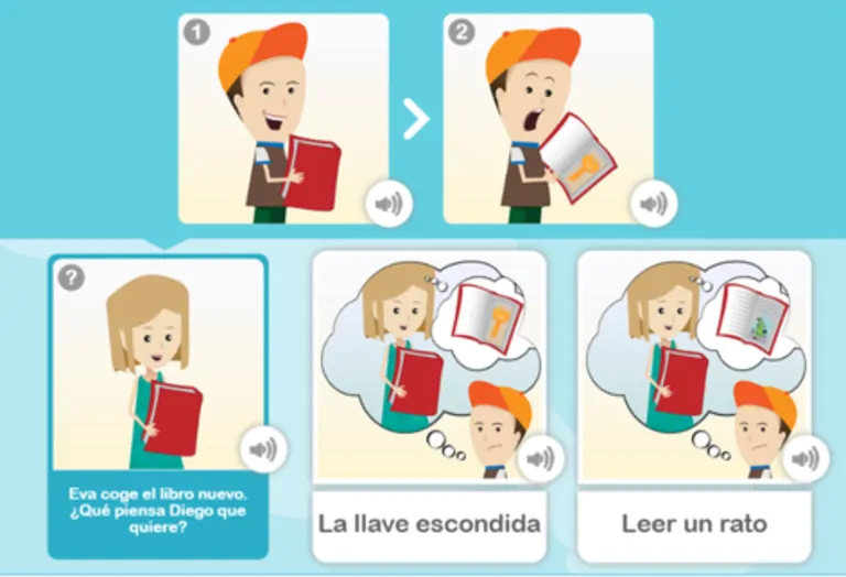 Deux vignettes : un garçon avec une casquette tient un livre avec excitation et une fille pensive, avec une bulle montrant un livre et une clé.