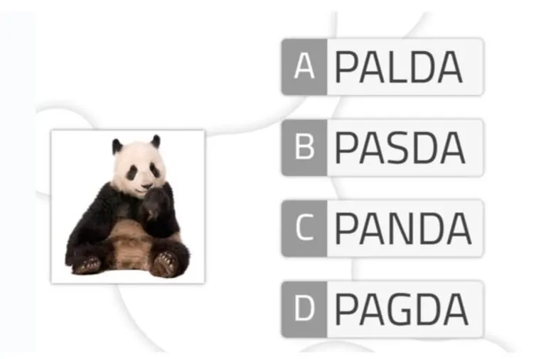 Capture de NeuronUP: un panda à côté d'une liste de mots (PALDA, PASDA, PANDA et PAGDA) pour une tâche de sélection.