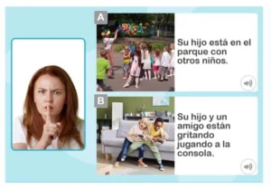 Groupe d'enfants en cognition sociale : parc avec un clown et des ballons, et salle avec des jeux vidéo, pour apprendre à exprimer les émotions.