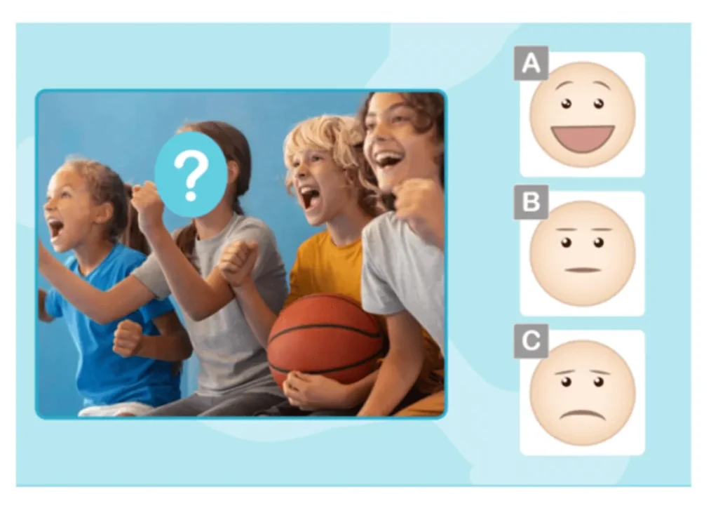 Groupe d'enfants heureux dans une scène sportive; plusieurs visages montrent des émotions (heureux, neutre, triste) et un visage caché pour inférer l'émotion.