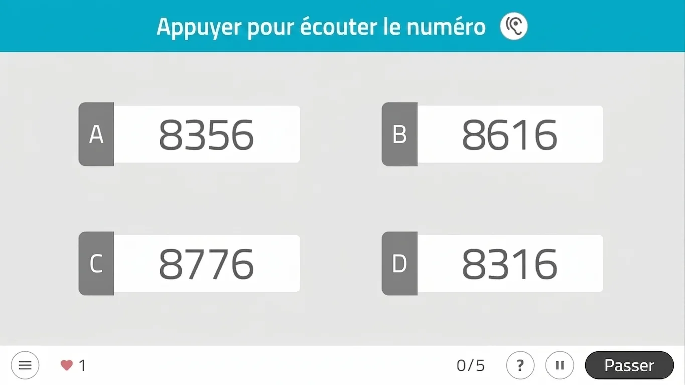 Interface de NeuronUP : discrimination de chiffres avec quatre cases 8356, 8616, 8776, 8316 ; bouton écouter et compteur 0/5.
