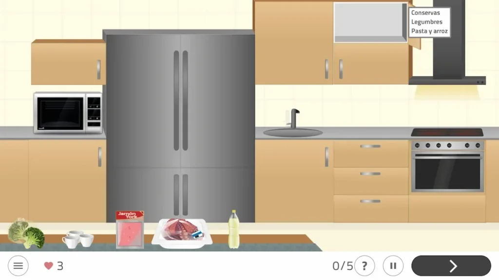 Interfaz de NeuronUP con la actividad ordenar la cocina: fichas de utensilios alineadas para completar la secuencia correcta.